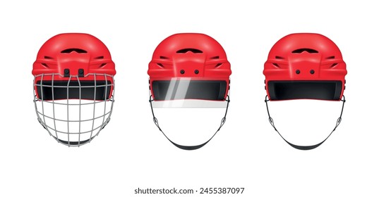 Red ice hockey helmet different types with visor and protective grid mask set realistic vector illustration. Professional command sport game playing head safety outfit for player and goalkeeper