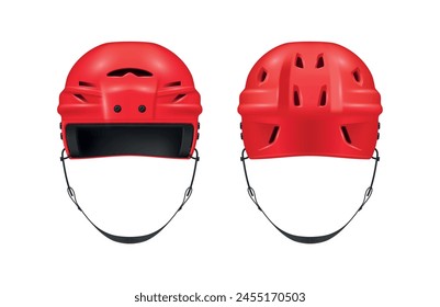 El casco de hockey sobre hielo rojo en la parte delantera y trasera establece una Ilustración vectorial realista. Protección de la cabeza de la actividad deportiva uniforme de seguridad de la cabeza juego de comando profesional jugando campeonato de sombreros con correa