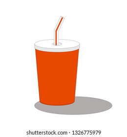 The red ice paper cup of soft drink with straw and shadow on white background.
