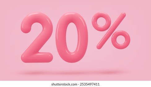 Red icon, 3d render twenty percent sign, 20 %. Realistic design element. Vector illustration isolated on pink background for postcard, icons, poster, banner, web, design, arts. Black Friday Sale