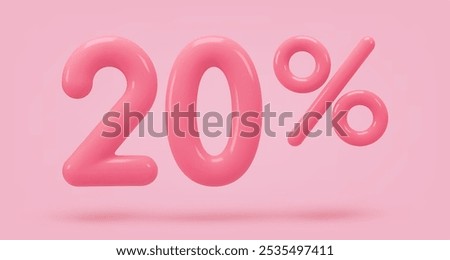 Red icon, 3d render twenty percent sign, 20 %. Realistic design element. Vector illustration isolated on pink background for postcard, icons, poster, banner, web, design, arts. Black Friday Sale