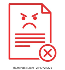Red icon of an angry document with a rejection mark symbolizing disapproval and error icon
