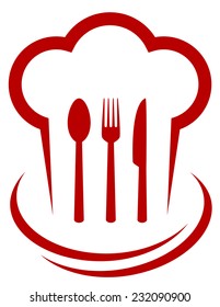 red icon with chef hat and cutlery on white background