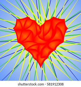 Red icon in the form of heart on a blue background with colored rays emanating from it