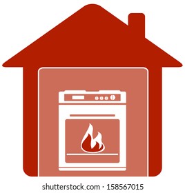 red icon with gas stove in home silhouette 