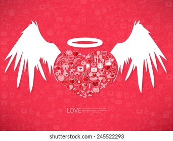 Red icon heart angel valentines day card with sign on Icon love background