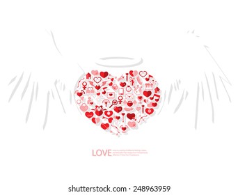 Red icon heart angel valentines day card with sign on Icon love background