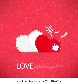Red icon heart Valentines day card with sign on Icon love background