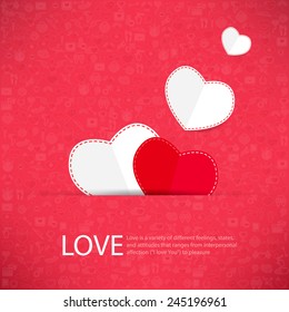 Red icon heart Valentines day card with sign on Icon love background