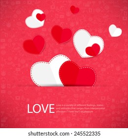 Red icon heart Valentines day card with sign on Icon love background