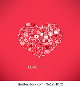 Red icon heart Valentines day card with sign on Icon love background 