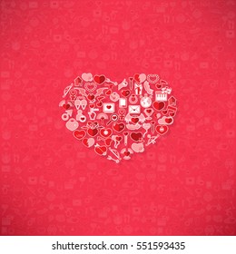 Red icon heart Valentines day card with sign on Icon love background