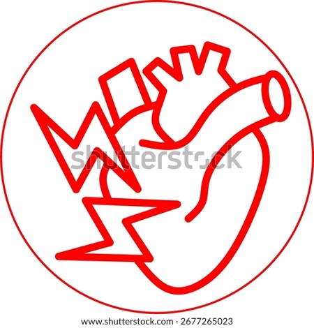 Red icon of a human heart with lightning bolts, symbolizing chest pain, heart attack, cardiovascular disease, arrhythmia, medical health risk, and cardiac emergency.
