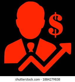 Icono rojo sobre fondo negro. Icono de aumento salarial de hombre o empleado con gráfico de flecha arriba. Símbolo de dinero en dólares. aumentar el concepto de costo comercial de ingresos. crecimiento de la inversión o aumento de los precios vectores.