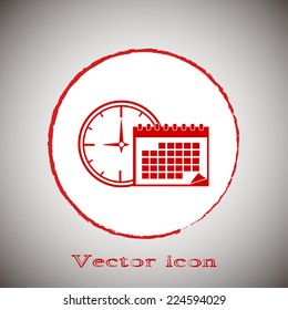 Red icon on a gray background. Vector illustration of calendar with clock