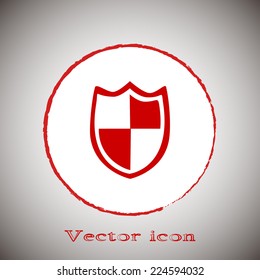 Red icon on a gray background. Vector illustration of a shield