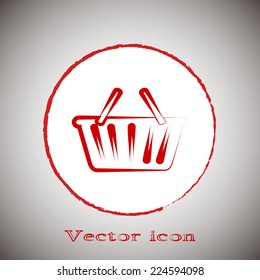 Red icon on a gray background. Vector illustration of shopping cart
