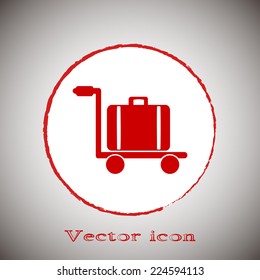 Red icon on a gray background. Vector illustration of trolley suitcase