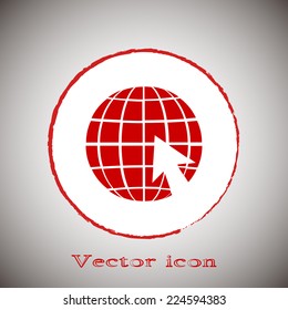  Red icon on a gray background. Vector illustration of globe