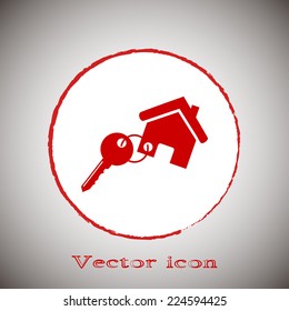 Red icon on a gray background. Vector illustration keychain from home