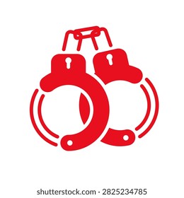 Red icon of a pair of handcuffs representing arrest, police restraint, detention, danger, and law enforcement.