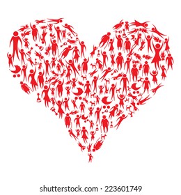 Red icon people and pets forming a big heart vector illustration