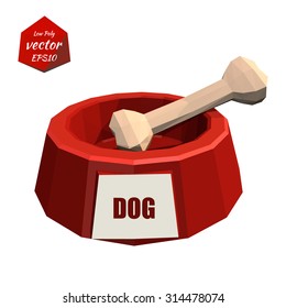 Red icon pet bowls and bone isolated on white background. Dog. Low poly style. Vector illustration.
