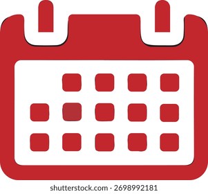 Um ícone vermelho representando um calendário com uma grade de quadrados indicando dias, definido em um plano de fundo branco.