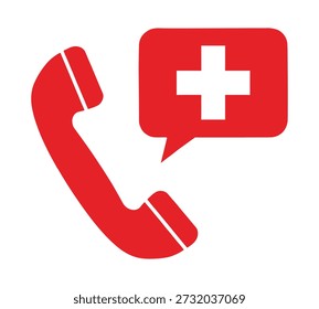 A red icon representing a phone handset and a speech bubble with a white cross, symbolizing emergency medical assistance or a medical helpline.