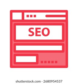 A red icon representing a website interface with the letters SEO prominently displayed, symbolizing search engine optimization.