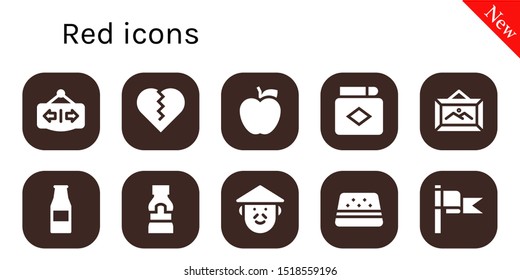 red icon set. 10 filled red icons.  Collection Of - Open, Heart, Apple, Match, Frame, Ketchup bottle, Mustard, Chinese, Watermelon, Flag icons