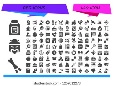  red icon set. 120 filled red icons. Simple modern icons about  - Alcohol, Chopsticks, Chinese, Battery, Garland, Flag, Float, Wine, Saber, Parasite, No weapons, Emergency call