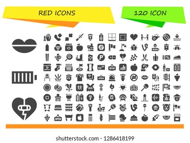  Red Icon Set. 120 Filled Red Icons. Simple Modern Icons About  - Lips, Heart, Full Battery, No Weapons, Emergency Call, Resize, Saber, Blood Transfusion, Battery, Bottom, Marquee