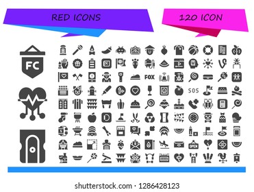  red icon set. 120 filled red icons. Simple modern icons about  - Flag, Sharpener, Heart, Telephone booth, Lollipop, Campfire, Pepper, Space invaders, Frame, Chinese, Beet, Football jersey