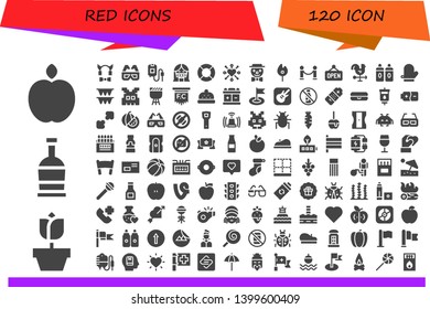 red icon set. 120 filled red icons.  Simple modern icons about  - Apple, Rose, Rum, Devil, 3d glasses, Blood bag, Censor, Lifeguard, Heart, Clown, Match, Velvet, Open, Cock, Sauces