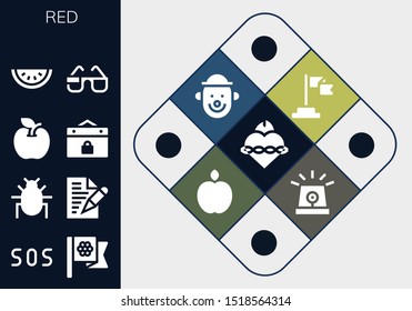 red icon set. 13 filled red icons.  Simple modern icons about  - Sacred heart, Sos, Flags, Parasite, Letter, Apple, Event, Watermelon, 3d glasses, Flag, Clown, Siren