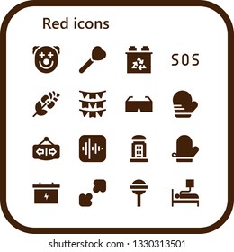 red icon set. 16 filled red icons.  Simple modern icons about  - Clown, Lollipop, Battery, Sos, Rose, Flags, 3d glasses, Mitten, Open, Apple, Telephone booth, Resize, Blood donation
