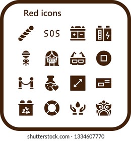red icon set. 16 filled red icons.  Simple modern icons about  - Stick candy, Sos, Battery, Lollipop, Censor, 3d glasses, Stop, Velvet, Love potion, Resize, Letter, Lifeguard