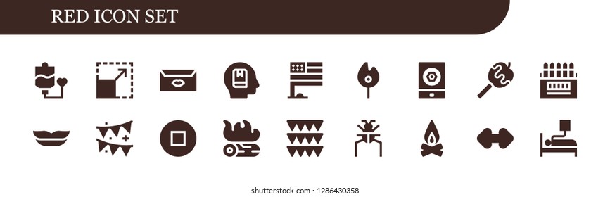  red icon set. 18 filled red icons. Simple modern icons about  - Blood transfusion, Resize, Letter, Memorize, Flag, Match, Event, Caramelized apple, Colored pencils, Lips, Garland