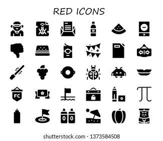 red icon set. 30 filled red icons.  Collection Of - Boyfriend, Malware, Letter, Wine bottle, Watermelon, Event, Dislike, Tomato sauce, Garland, Gas can, Open, Saber, Grapes, Float