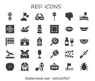 red icon set. 30 filled red icons.  Simple modern icons such as: Lollipop, Flag, 3d glasses, Dislike, Blood donation, Spark page, Seaweed, Mustard, Marquee, Kiss, Lips, Event