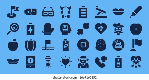 red icon set. 32 filled red icons. Included Flag, Lollipop, Apple, Lips, Battery, Pepper, Event, 3d glasses, Mitten, Flags, Devil, Memorize, Love, Full battery, Resize, Stop icons
