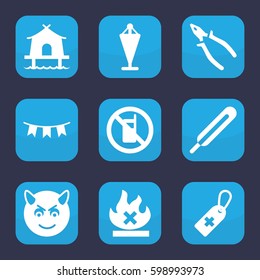 red icon. Set of 9 filled red icons such as no phone, flag, pliers, devil emot, medical cross tag, themometer, no fire, party flag