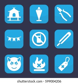 red icon. Set of 9 filled red icons such as no phone, flag, pliers, devil emot, medical cross tag, themometer, no fire, party flag