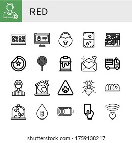 Red Icon Set. Collection Of Remove Friend, Chocolate Box, Banner, Love, Air Hockey, Rubber Land, Sticker, Lollipop, Paint Bucket, Love Letter, Fire Truck, Referee, Heart Icons