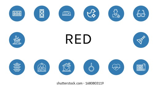 red icon set. Collection of Scoreboard, Carpet, Tenderloin, Shooting gallery, Remove friend, d glasses, Traffic light, Love, Heart, Neutral, Heart rate, Paint bucket, Balalaika icons