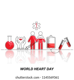 Red icon set in line art style. World health day concept with healthy family with different infographic elements to keep it healthy and fit on white background for Health and Medical concept.