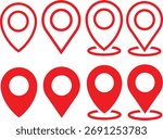 Red icon set of location mark marker pin navigation map travel destination point pointer icons place tag geo gps geotag locator. 