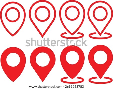 Red icon set of location mark marker pin navigation map travel destination point pointer icons place tag geo gps geotag locator. 