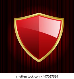 Red icon shield on red curtain background